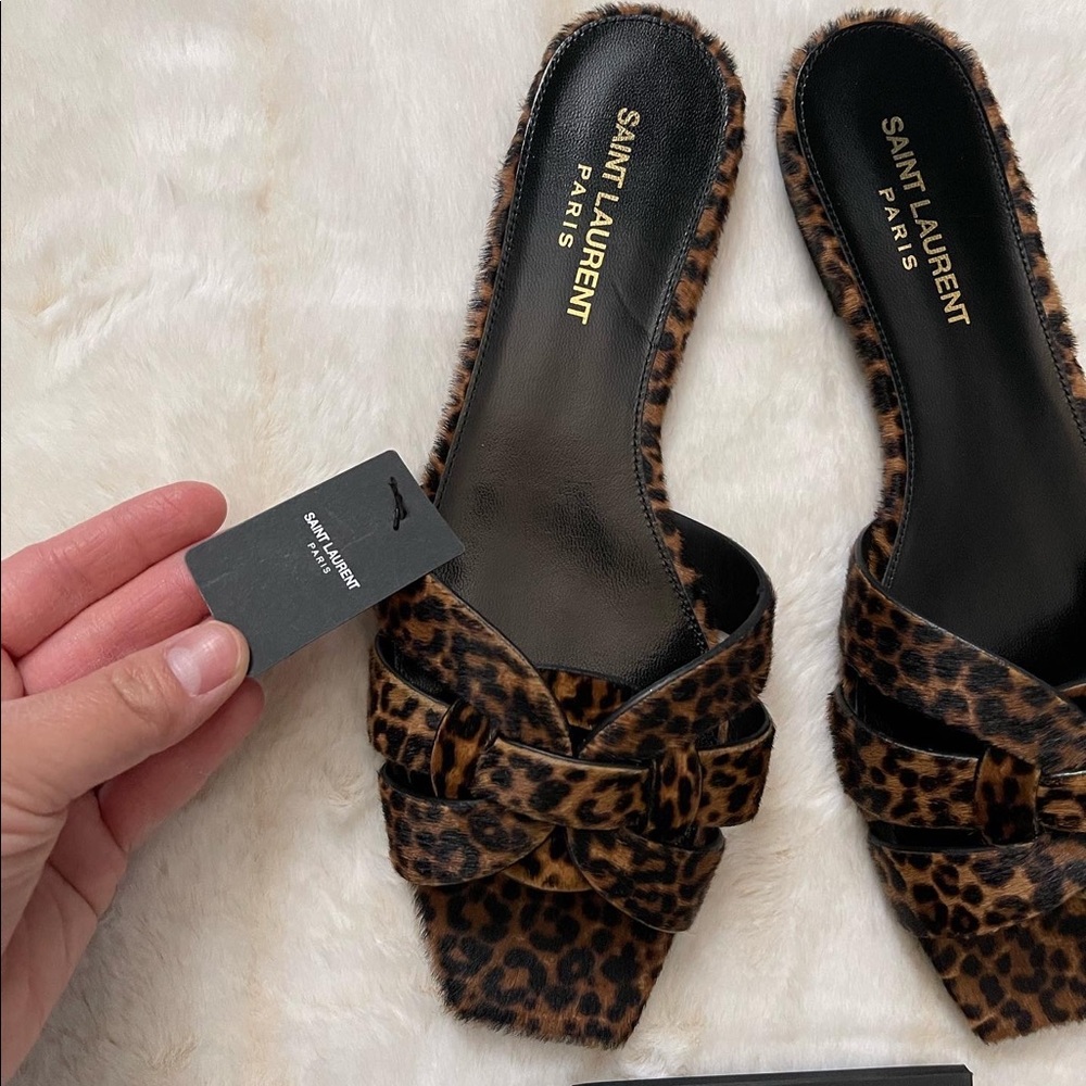 Saint Laurent Leopard-Print Knotted Slide Sandals - Brown/Black - Picture 8 of 9